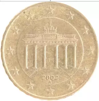 Монета 10 евроцентов Германии 2002 года Латунь А