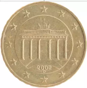Монета 10 евроцентов Германии 2002 года Латунь D