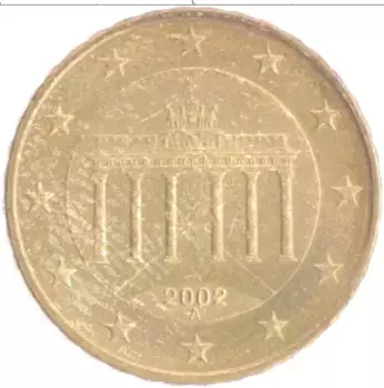 Монета 10 евроцентов Германии 2002 года Латунь A