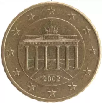Монета 10 евроцентов Германии 2002 года Латунь J