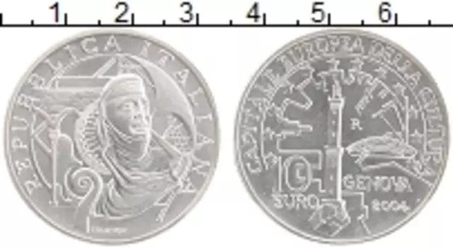 Монета 10 евроцентов Италии 2004 года Серебро Генуя-столица культуры