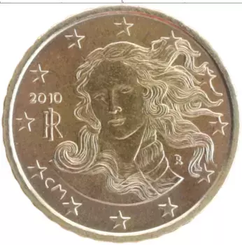 Монета 10 евроцентов Италии 2010 года Латунь