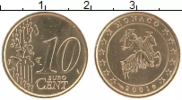 Монета 10 евроцентов Монако 2001 года Латунь
