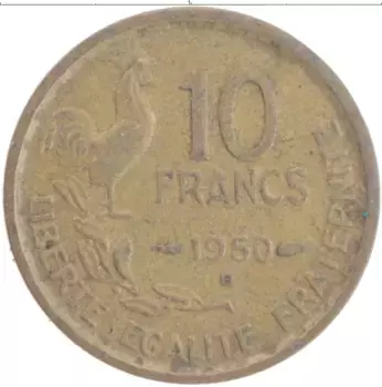 Монета 10 франков Франции 1950 года Латунь