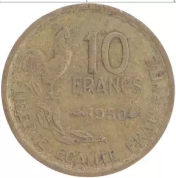 Монета 10 франков Франции 1950 года Латунь