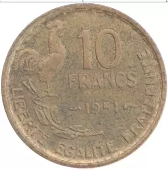 Монета 10 франков Франции 1951 года Бронза