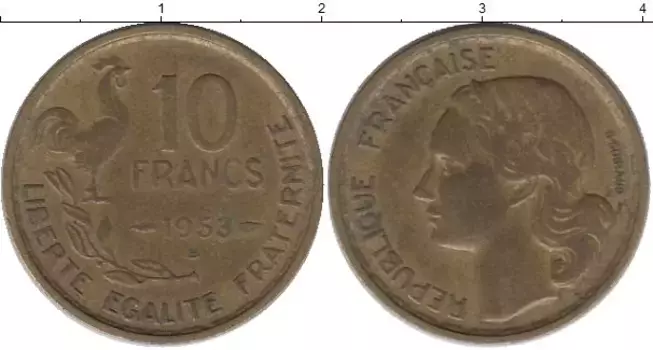 Монета 10 франков Франции 1951 года Бронза / Металл: Алюминиевая бронза
