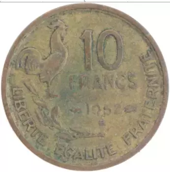 Монета 10 франков Франции 1952 года Латунь