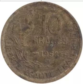 Монета 10 франков Франции 1953 года Латунь В
