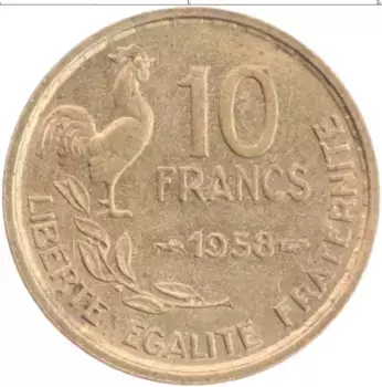 Монета 10 франков Франции 1958 года Бронза