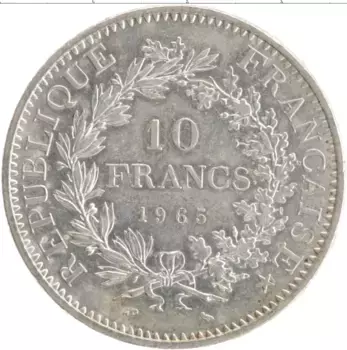 Монета 10 франков Франции 1965 года Серебро Геркулес и нимфы