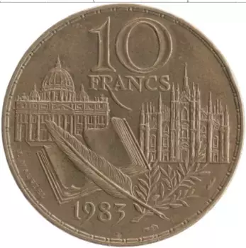 Монета 10 франков Франции 1983 года Бронза 200 лет со дня рождения Стендаля (Мари-Анри Бейль)
