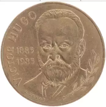 Монета 10 франков Франции 1985 года Бронза 100 лет со дня смерти Виктора Гюго