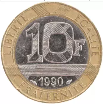 Монета 10 франков Франции 1990 года Биметалл