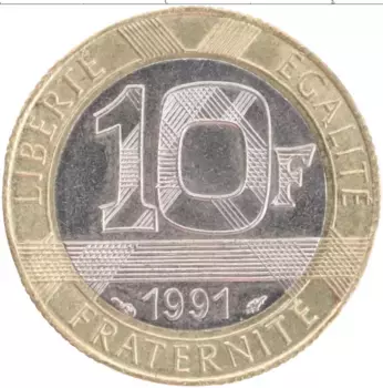 Монета 10 франков Франции 1991 года Биметалл