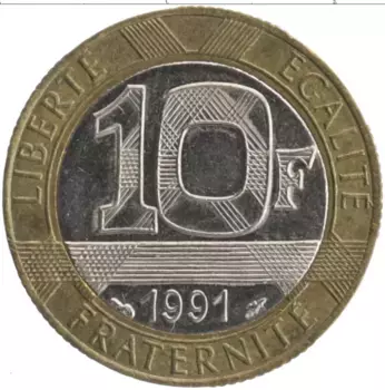 Монета 10 франков Франции 1991 года Биметалл