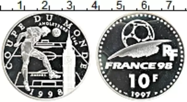 Монета 10 франков Франции 1997 года Серебро Чемпионат мира по футболу 98