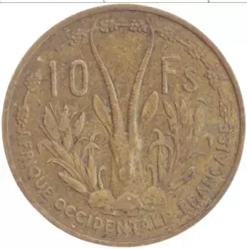 Монета 10 франков Французской Западной Африки 1956 года Латунь
