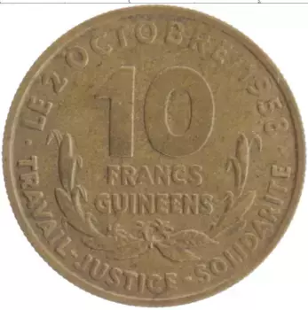 Монета 10 франков Гвинеи 1959 года Бронза