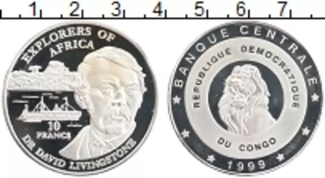 Монета 10 франков Конго 1999 года Серебро Экспедиция в Африку Дэвида Лиингстона