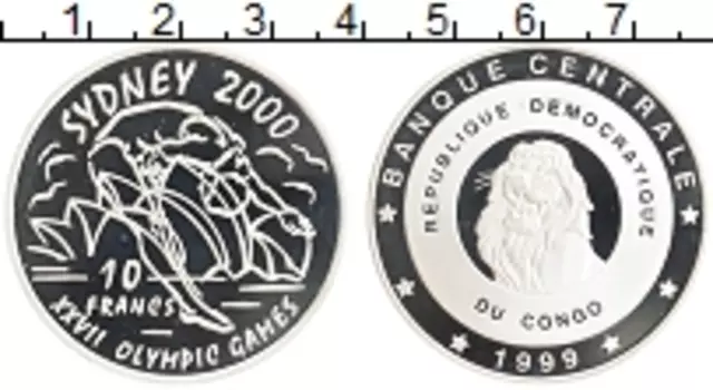 Монета 10 франков Конго 1999 года Серебро Олимпийские игры в Сиднее 2000