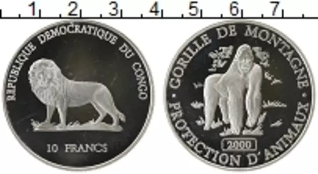 Монета 10 франков Конго 2000 года Серебро Сохранение животного мира, горилла