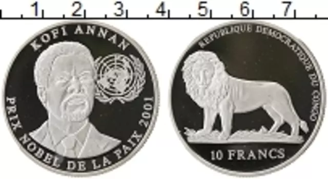 Монета 10 франков Конго 2001 года Серебро Кофи Аннан