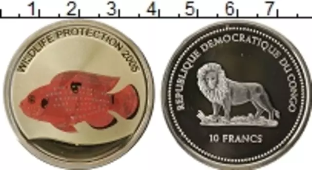 Монета 10 франков Конго 2005 года Серебро Защита морской жизни