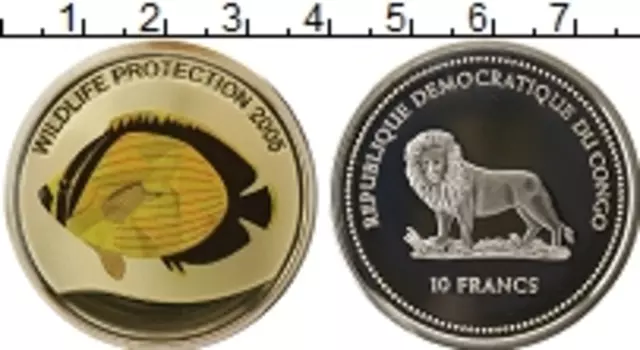 Монета 10 франков Конго 2005 года Серебро Защита морской жизни