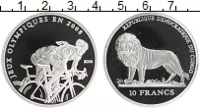 Монета 10 франков Конго 2006 года Серебро Олимпийские игры 2008 г