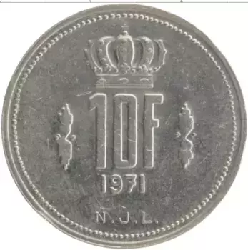 Монета 10 франков Люксембурга 1977 года Медно-никель Великий Герцог Жан