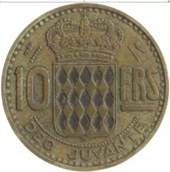 Монета 10 франков Монако 1951 года Бронза Ренье III