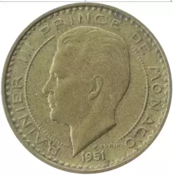 Монета 10 франков Монако 1951 года Латунь Ренье III