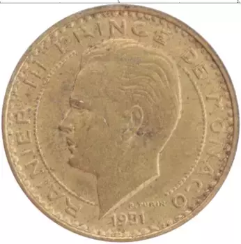Монета 10 франков Монако 1951 года Латунь Ранье III
