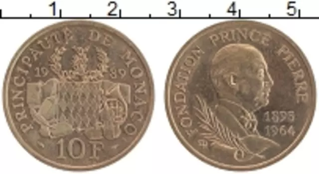 Монета 10 франков Монако 1989 года Бронза Фонд принца Пьерра
