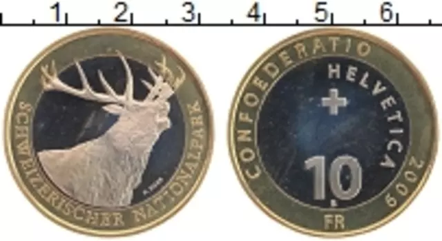 Монета 10 франков Швейцарии 2009 года Биметалл Олень