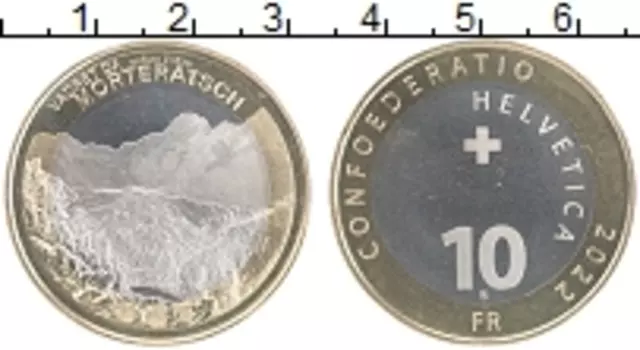 Монета 10 франков Швейцарии 2022 года Биметалл Ледник Мортерач