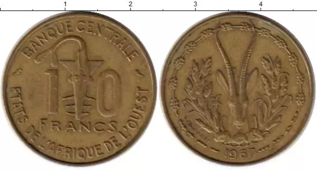 Монета 10 франков Западной Африки 1967 года Латунь