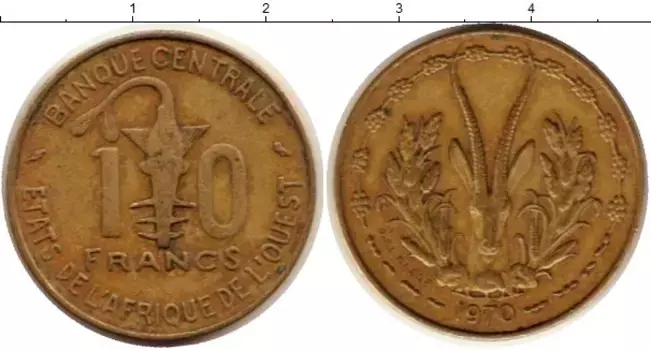 Монета 10 франков Западной Африки 1970 года Латунь Газель
