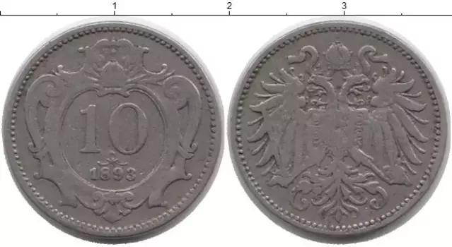 Монета 10 геллеров Австрии 1893 года Медно-никель