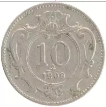 Монета 10 геллеров Австрии 1909 года Медно-никель