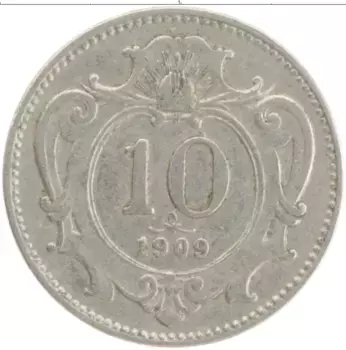 Монета 10 геллеров Австрии 1909 года Медно-никель