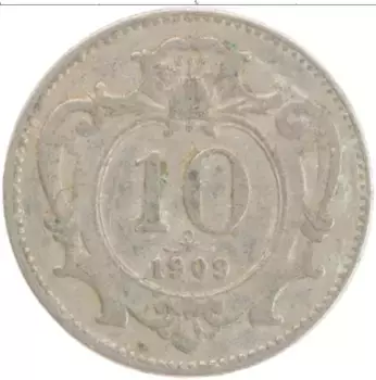 Монета 10 геллеров Австрии 1909 года Медно-никель
