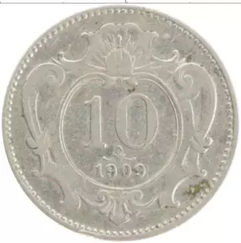 Монета 10 геллеров Австрии 1909 года Медно-никель