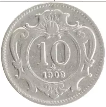 Монета 10 геллеров Австрии 1909 года Медно-никель