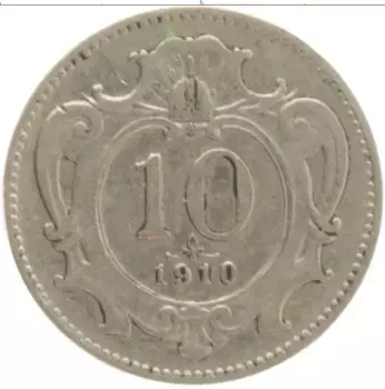 Монета 10 геллеров Австрии 1910 года Медно-никель