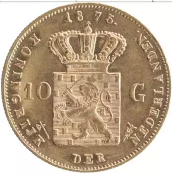 Монета 10 гульденов Нидерланд 1875 года Золото Виллем III