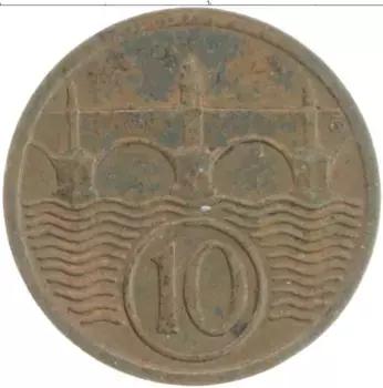 Монета 10 хеллеров Чехословакии 1927 года Бронза