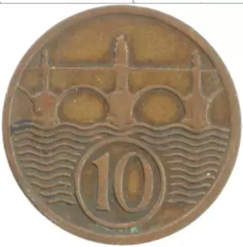 Монета 10 хеллеров Чехословакии 1930 года Бронза