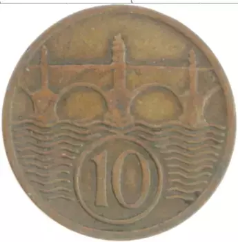 Монета 10 хеллеров Чехословакии 1932 года Бронза
